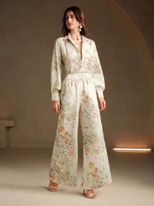 Anewsta Fashionable Floral Embroidery Women Long Sleeve Button-Down Shirt And Wide Leg Pants Elegant 2 Pieces Set