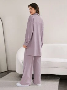 Seusyu 2 件套女士宽松休闲纯色落肩长袖衬衫和裤子套装，春夏 - 紫色 - 查看 4