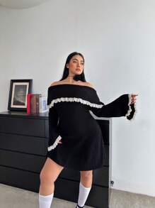 Flirla Váy len dài tay thanh lịch phối ren trễ vai cỡ lớn cho mùa đông - màu đen - Xem 6