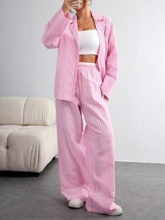 SHEIN Privé 2 件套女士休闲条纹纽扣衬衫和高腰撞色条纹裤，时尚家居和街头装，秋季