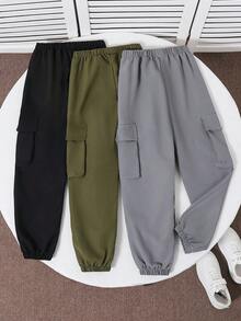 SHEIN 秋冬时尚青少年男孩口袋刺绣贴花多色宽松慢跑裤 - 彩色 - 查看 2