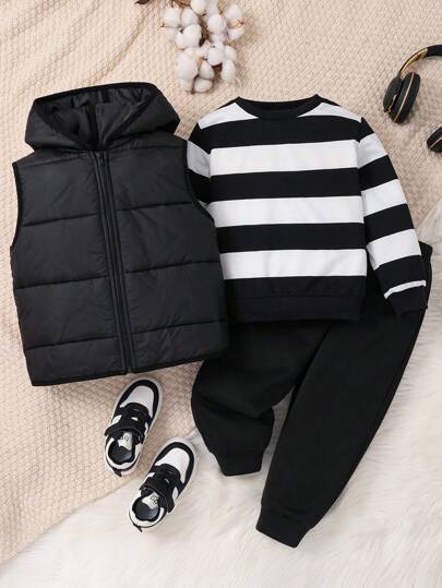 3pcs/Set Young Boys Young Girls Casual Cute Street Style Black Printed Loose Patchwork Vest, Warm Jacket, Padded Coat,Stripe Sweatshirt & Pants Set, Suitable For Winter, Suitable For Keeping Warm, Suitable For Back To School, Suitable For Daily Use, Suitable For Christmas, Suitable For Birthday Parties, Suitable For Basic And Versatile, Suitable For Halloween,Simple And Plush.