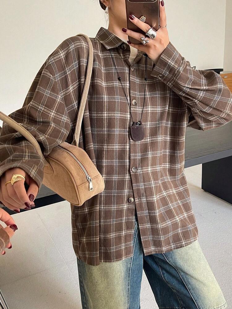 Retro Plaid Drop Shoulder Loose Women Blouse Long Sleeve Women
