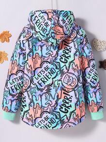 SHEIN Tween Girls All-Over Print Thermal Lined Hooded Winter Jacket - Mint Green - View 2