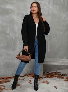 SHEIN LUNE 大码女式纯色黑色长袖休闲开衫，秋冬款