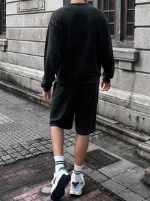 Manfinity VCAY 2pcs Men's Knit Fashion Casual Young Salt & Pepper Loose Fit Long Sleeve Sweatshirt & Elastic Waist Shorts Set