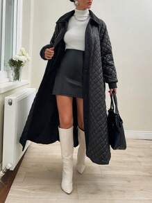 EURMUSE Commuter Style, Quilted Patchwork Rhombus Flared Thick Cotton Short Jacket With Belt Detail - Black - View 7