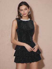 Enchnt Women's Elegant Velvet Silver Silk Faux Pearl Sleeveless Pleated Black Dress,Summer Birthday Party,Christmas Date Night,Fall Winter Short Clothes - Black - View 6