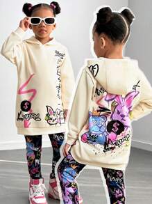 SHEIN Conjunto de 2 piezas para niña: sudadera con capucha y estampado gráfico divertido & leggings, adecuado para otoño/invierno, diario, casual, deportes, ropa urbana