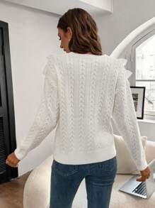 Chiquease Elegant Romantic Lace Trim V-Neck Women Sweater Knit Pullover Fall Winter Outfit - White - View 2