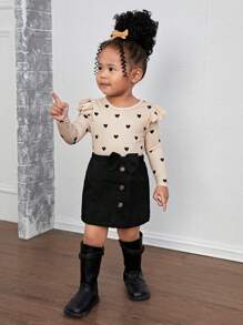 SHEIN Ensemble de 2 pièces en tricot : pull à manches longues avec cœur mignon pour bébé fille et jupe avec décoration de nœud, automne/hiver - Kaki - Voir 7