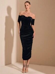 SHEIN BAE Autumn/Winter Solid Black Sexy Off-Shoulder Short Sleeve Ruched Mid-Length Bodycon Party Dress, Suitable For Cocktail Party, Romantic Date, Layering, Gatherings, Weddings, Halloween, Christmas
