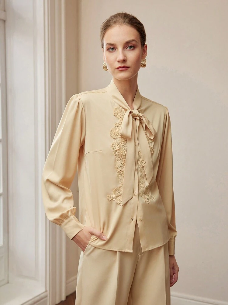 SOLID TIE NECK GUIPURE LACE APPLIQUES DETAIL SHIRT