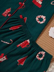 Bộ đồ ngủ quần short tay ngắn in họa tiết Giáng sinh có cổ - Nhiều màu - Xem 4