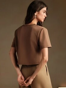 Anewsta Lace Patchwork Round Neck Short Sleeve Cropped Casual T-Shirt - Khaki - View 2