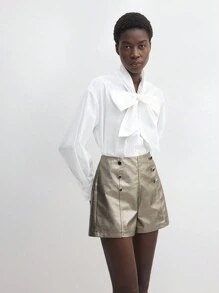 BizChic 女士休闲优雅打结纽扣衬衫，百搭衬衫，适合商务、办公、休闲场合，春夏皆宜 - 白色 - 查看 5