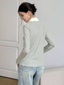 INAWLY Áo thun dài tay kẻ sọc thường ngày cho nữ mùa xuân và mùa thu - màu xanh lá - Xem 2