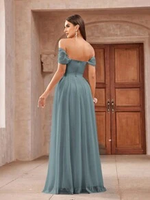 Aureia فستان وصيفة العرس الناعم الشبكي الوردي اللامع قابل للطي عن الكتف - ازرق ضبابي - مشاهدة 2