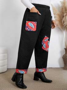 大码佩斯利印花休闲直筒裤，带口袋