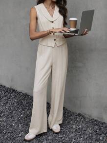 SHEIN Frenchy 2 件女式圆领纽扣前背心和休闲裤套装、无袖西装领背心和直筒裤套装、返校节套装、女式纽扣衬衫 2 件套、白色两件套、女士套装、秋季服装、冬季女士套装、内外均可穿着、商务休闲女装、老钱风格套装、商务女装、秋季两件套、职业上衣 2 件套、上衣和裤子套装 - 杏色 - 查看 3