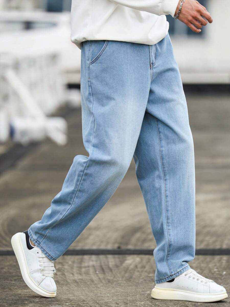 Manfinity Homme Men's Casual Distressed Cone Tapered Leg Jeans, Baggy Jeans Men, Light Blue Jeans Men, Blue Baggy Jeans Men - Blue - View 1