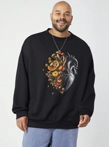 Manfinity VCAY 大码男士休闲心形蘑菇图案圆领长袖运动衫，适合秋冬 - 黑色 - 查看 3