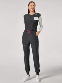 TaskEZ Conjunto informal de uniforme de scrubs con top cuello redondo minimalista y pantalón de chándal con bolsillo