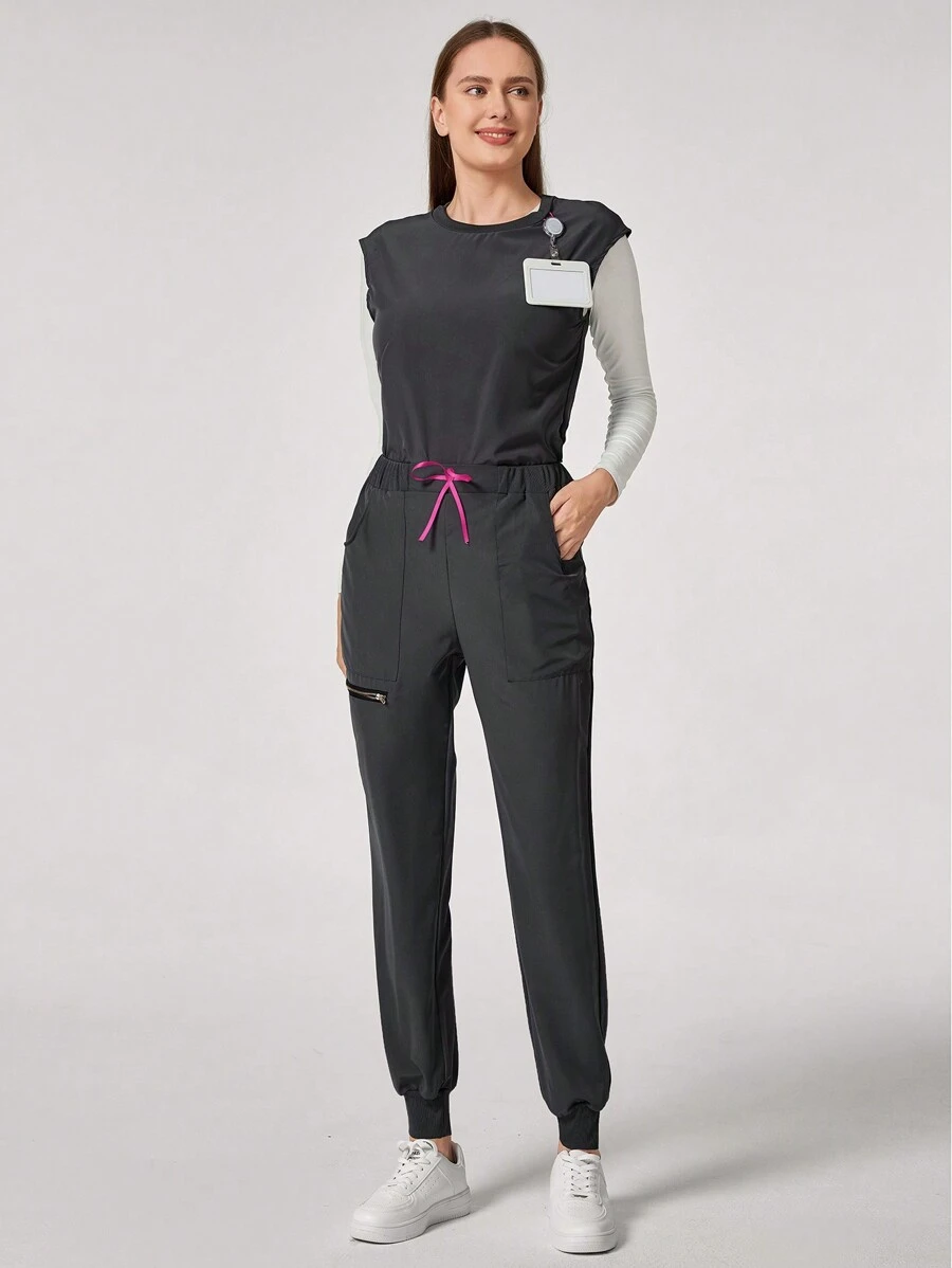 TaskEZ Crew Neck Minimalist Top And Pocket Sweatpants Casual Scrub Uniform Set - Grey - View 1