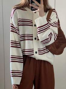 DAZY 1 Áo khoác cardigan cổ tròn tay dài kẻ sọc rộng cho nữ, Quần áo mùa thu cho nữ - trắng - Xem 1