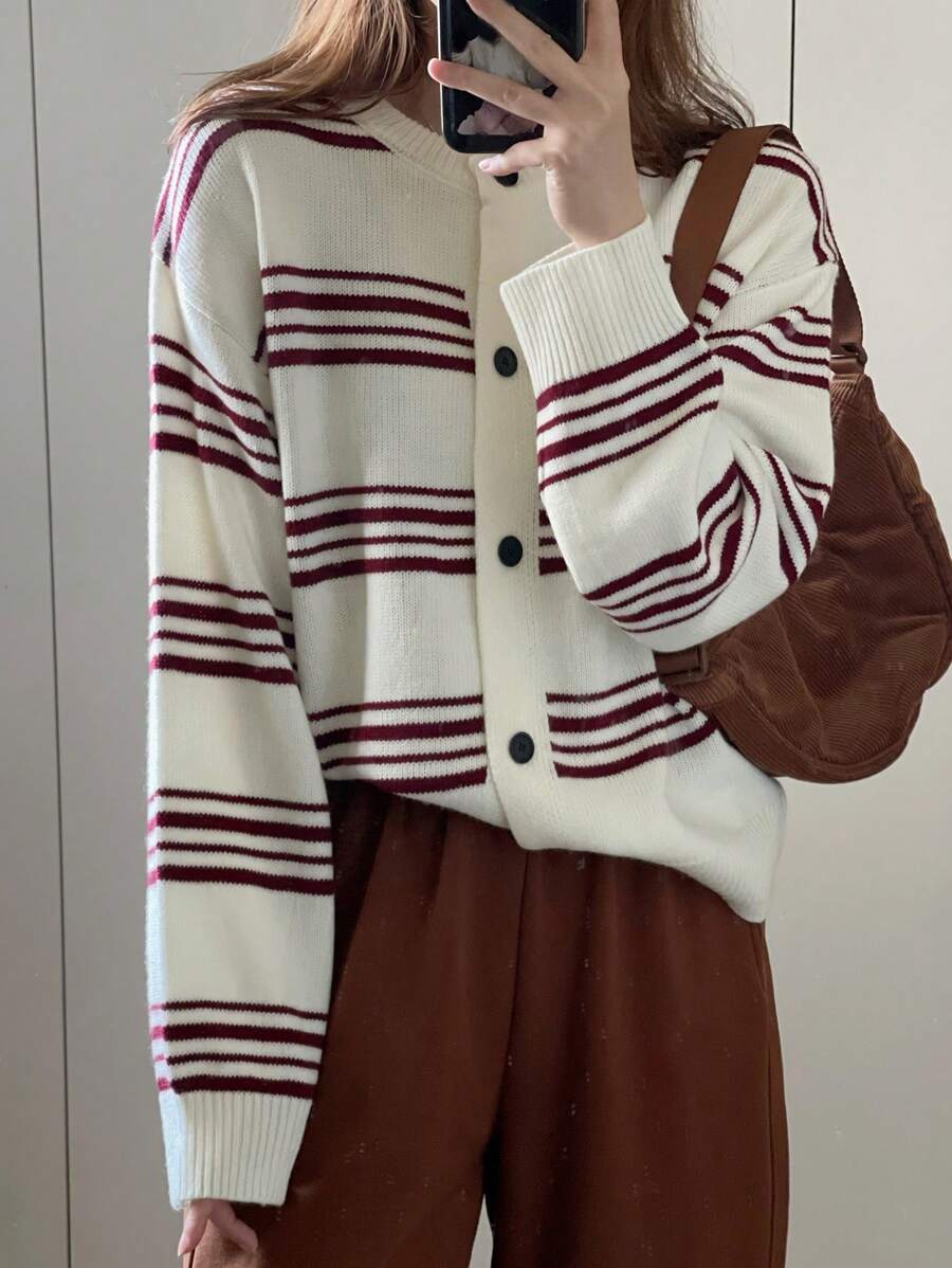 DAZY 1 Áo khoác cardigan cổ tròn tay dài kẻ sọc rộng cho nữ, Quần áo mùa thu cho nữ - trắng - Xem 1