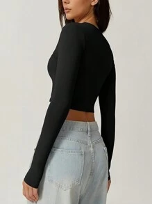 Muchica 3pcs/Set Simple English Logo Print Women Sexy Off-Shoulder Cropped Long Sleeve Fitted Short Tops - Multicolor - View 6