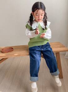 DAZY Young Girl Round Neck Sweater Vest - Green - View 2