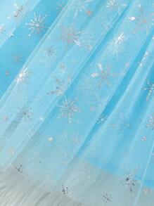 SHEIN Glamorique Kids Young Girls Party Dress - Blue Velvet Fabric With Snowflake Sequin Embroidery, Sheer Mesh Flutter Sleeves , Elegant For Halloween, Parties And Events - Blue - View 3