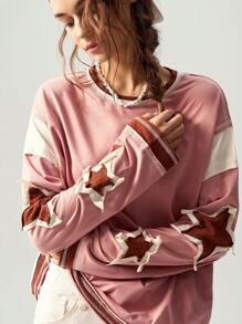 Bohemela Plus Size Women's Contrast Color Five-Point Star Patchwork Crew Neck Long Sleeve Sweatshirt Fall - Pink - View 4