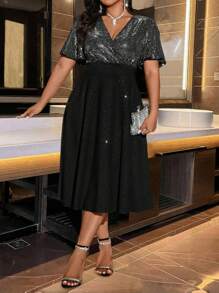 SHEIN Clasi Plus Size Women's V-Neck Ruffle Sleeve Glitter Elegant Midi Dress Maxi Women Outfit