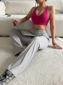 SHEIN Sports Women Solid Color Drawstring Waist With Pockets Straight Leg Casual Sports Pants - Grey - View 6