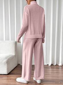 Chiquease 2pcs Women Solid Color High Neck Long Sleeve Casual Top And Long Pants Set Fall Winter Cloth For Women - Coral Pink - View 2