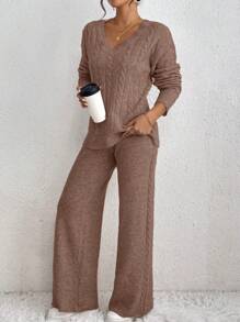 RosyDaze Set de 2 piezas con suéter de manga larga de cuello en V de hombros caídos sólido y pantalones de punto casual para mujer, para otoño/invierno
