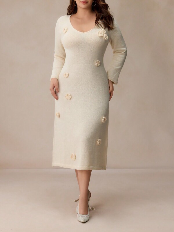 Elaquor 大码 3D 花卉装饰腰部收腰喇叭毛衣裙，适合冬季