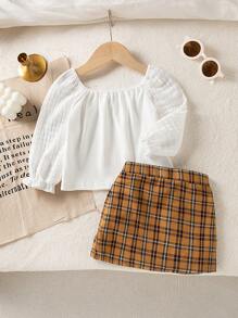 SHEIN Baby Girls Fall/Winter Lady-Like Plaid Collar Top And Plaid Skirt Set - White - View 4