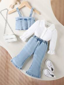 女婴 3 件套：时尚荷叶边牛仔连体裤、白色长袖衬衫、喇叭牛仔裤，适合春秋季节 - 藍色 - 查看 3