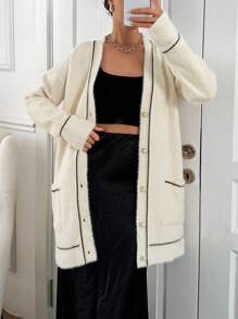 EURMUSE Special Pattern V Neck Cardigan With Button Detail And Hairy Yarn - Beige - View 8