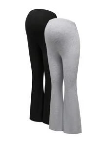 Modmama 2pcs Maternity High Waist Flared Pants, Solid Color Adjustable Waistband Pregnancy Trousers