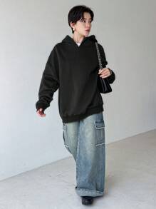 FRIFUL 女士褶皱后背加厚保暖卫衣，长袖连帽衫，秋冬季保暖款 - 黑色 - 查看 2