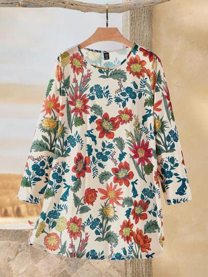 Rusticease Plus Size Winter Clothes For Women Vacation Outfits Woman Floral Print Crew Neck Long Sleeve T-Shirt, Casual For Everyday Wear