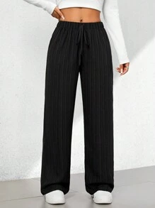 SHEIN PETITE Summer Casual Textured Wide-Leg Capri Pants - Black - View 5