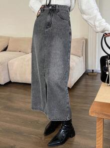 DAZY Women Casual Washed Denim Slit A-Line Skirt, Autumn/Winter Jeans Skirt