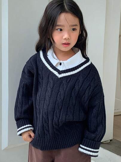 Dazy Kids Young Girl Solid Color V-Neck Long Sleeve Casual Sweater