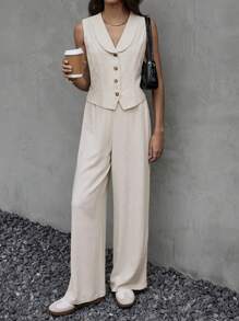 SHEIN Frenchy 2 件女式圆领纽扣前背心和休闲裤套装、无袖西装领背心和直筒裤套装、返校节套装、女式纽扣衬衫 2 件套、白色两件套、女士套装、秋季服装、冬季女士套装、内外均可穿着、商务休闲女装、老钱风格套装、商务女装、秋季两件套、职业上衣 2 件套、上衣和裤子套装 - 杏色 - 查看 1