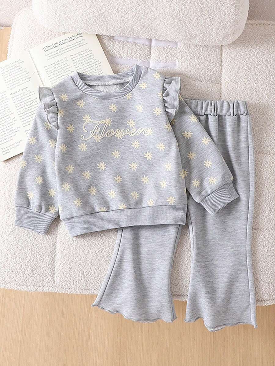 SHEIN 1set Baby Girls Apricot Color Long Sleeve & Long Pants Versatile Outfit, Autumn - Grey - View 1